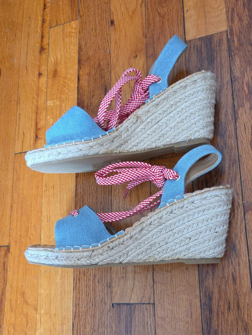 Yoki Blue Wedge Sandals with Pink Lace-Up Straps